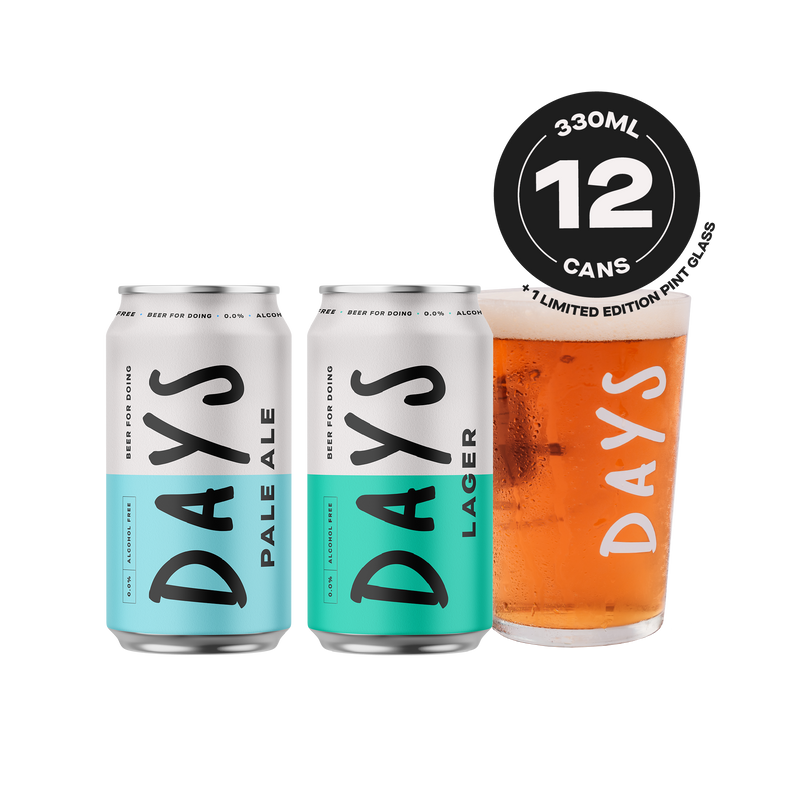 Two cans of Days Pale Ale and Lager, one glass of beer, and text '330ml 12 cans limited edition.'